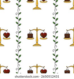 Seamless vector pattern of golden scales balancing a briefcase and a leafy heart, adorned with elegant green vines, ideal for backgrounds and design projects.