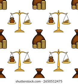 Padrão vetorial perfeito de escalas douradas, sacos de dinheiro e pilhas de moedas, ilustrando o equilíbrio financeiro e a riqueza, perfeito para negócios ou projetos relacionados às finanças.