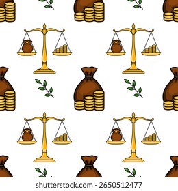 Padrão vetorial contínuo de escalas douradas, sacos de dinheiro e pilhas de moedas, simbolizando equilíbrio financeiro e riqueza, com folhas verdes simples adicionando um toque de natureza.
