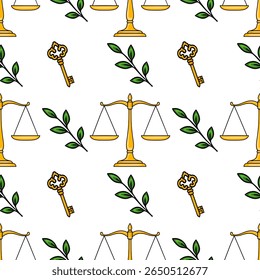 Seamless vector pattern with golden scales of justice, antique keys, and green leaves, ideal for legal or justice-themed designs.