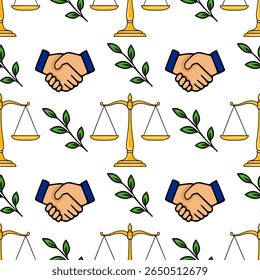 Seamless vector pattern with golden scales of justice, handshake, and green leaves, symbolizing legal agreement and fairness.