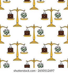 Seamless vector pattern of golden scales balancing briefcase and heart-shaped plant, symbolizing work-life balance concept in a minimalist style.