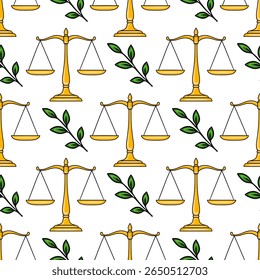 Padrão vetorial contínuo de escamas douradas de justiça e folhas verdes, simbolizando a lei, equilíbrio e harmonia de naturezas.