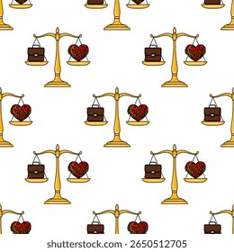 Seamless vector pattern of golden scales balancing a briefcase and a heart with leaves, symbolizing the work-life balance concept in a modern, minimalist style.
