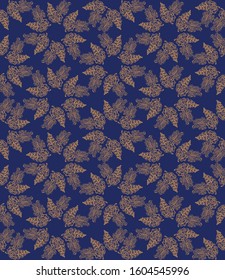 seamless vector pattern with golden star shaped leaf ornament on a navy blue background