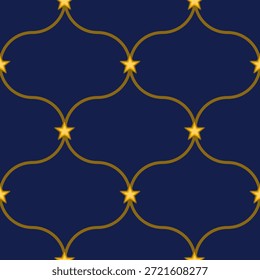 Padrão vetorial contínuo de estrelas douradas conectadas por linhas douradas fluindo em um fundo azul-marinho profundo.