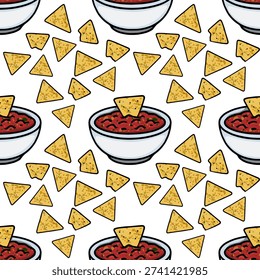 Seamless vector pattern of golden tortilla chips dipping into a bowl of vibrant salsa, perfect for Cinco de Mayo celebrations.