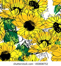 Seamless vector pattern with golden yellow and orange sunflowers with green leaves, drawn imitating ink and watercolor; natural themed wallpaper, wrapping or packaging paper, or birthday card design