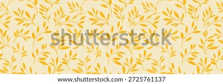 Seamless vector pattern with golden yellow leafy branches on light background, minimalist botanical repeat in warm tones, ideal for fabric, wallpaper, stationery, wrapping