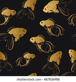 Seamless vector pattern with goldfish. Golden gradient. On a black background.