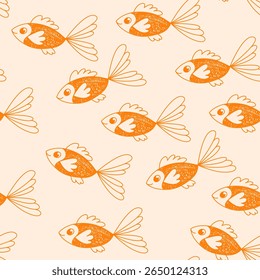 Seamless vector pattern with goldfish. Illustration stylized as a child's drawing. Maritime Living aesthetic. Marine decor for design, decoration, textiles, websites.
Line drawing.