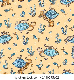 Seamless vector pattern with goldfishes in bright colors. Stock vector illustration.