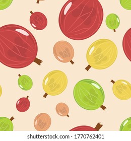Seamless vector pattern of gooseberries of various colors on a pink background.