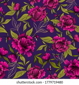 nahtlose Vektorgrafik mit prächtigen violetten Blumen und grünen und goldenen Blättern auf tiefviolettem Hintergrund