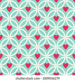 Seamless vector pattern from graceful hearts and the Japanese ornament on a juicy background by St. Valentine's Day. Vector color background.