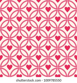 Seamless vector pattern from graceful hearts and the Japanese ornament on a light background by St. Valentine's Day. Vector color background.
