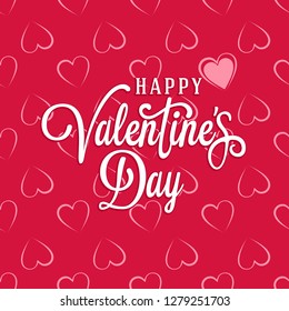 Seamless vector pattern from the graceful repeating hearts on a red background. Happy Valentine's Day hand drawn brush lettering. Perfect for holiday flat design. Vector color background.