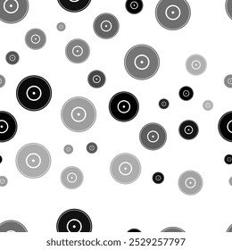 Seamless vector pattern with gramophone record symbols, creating a creative monochrome background with rotated elements. Vector illustration on white background