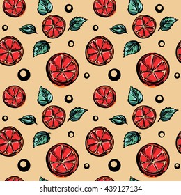 A seamless vector pattern with grapefruit pieces, green leaves, and circles.