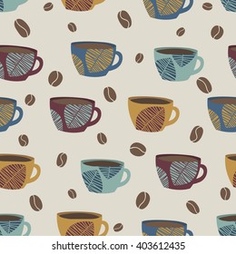 Seamless vector pattern with graphic cups of coffee, hand drawn coffee background