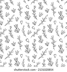 Seamless vector pattern of graphic floral and herbal elements. Background for greeting card, website, printing on fabric, gift wrap, postcard and wallpapers. 