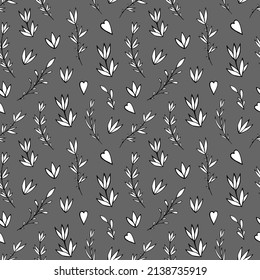 Seamless vector pattern of graphic floral and herbal elements. Background for greeting card, website, printing on fabric, gift wrap, postcard and wallpapers. 