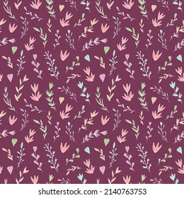 Seamless vector pattern of graphic floral and herbal elements. Background for greeting card, website, printing on fabric, gift wrap, postcard and wallpapers. 