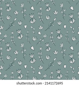 Seamless vector pattern of graphic floral and herbal elements. Background for greeting card, website, printing on fabric, gift wrap, postcard and wallpapers. 