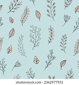 Seamless vector pattern of graphic  floral and herbal elements. Background for greeting card, website, printing on fabric, gift wrap, postcard and wallpapers. 