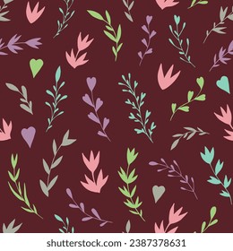 Seamless vector pattern of graphic  floral and herbal elements. Background for greeting card, website, printing on fabric, gift wrap, postcard and wallpapers. 