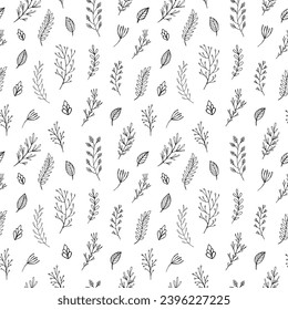 Seamless vector pattern of graphic  floral and herbal elements. Background for greeting card, website, printing on fabric, gift wrap, postcard and wallpapers. 
