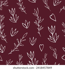 Seamless vector pattern of graphic  floral and herbal elements. Background for greeting card, website, printing on fabric, gift wrap, postcard and wallpapers. 
