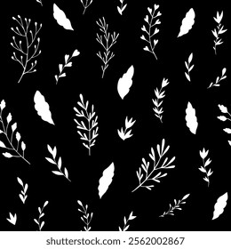 Seamless vector pattern of graphic  floral and herbal elements. Background for greeting card, website, printing on fabric, gift wrap, postcard and wallpapers. 