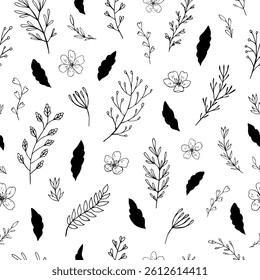 Seamless vector pattern of graphic floral and herbal elements. Background for greeting card, website, printing on fabric, gift wrap, postcard and wallpapers. 