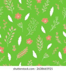 Seamless vector pattern of graphic  floral and herbal elements. Background for greeting card, website, printing on fabric, gift wrap, postcard and wallpapers. 