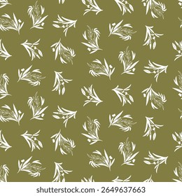 Seamless vector pattern of graphic floral and herbal elements. Background for greeting card, website, printing on fabric, gift wrap, postcard and wallpapers.