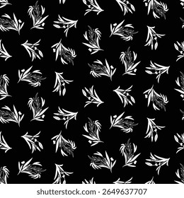 Seamless vector pattern of graphic floral and herbal elements. Background for greeting card, website, printing on fabric, gift wrap, postcard and wallpapers.