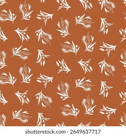 Seamless vector pattern of graphic floral and herbal elements. Background for greeting card, website, printing on fabric, gift wrap, postcard and wallpapers.