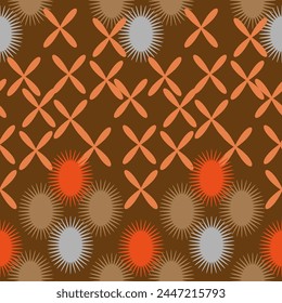 Seamless vector pattern of graphic geometric spiky and regular symmetrical flower buds. Suitable for interior, wallpaper, fabrics, clothing, stationery.
