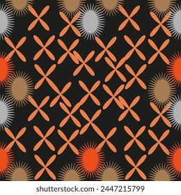 Seamless vector pattern of graphic geometric spiky and regular symmetrical flower buds. Suitable for interior, wallpaper, fabrics, clothing, stationery.
