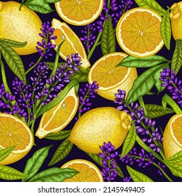 Patrón vectorial sin soldadura limones de color lineal gráfico, flores de lavanda y hojas sobre un fondo oscuro en estilo de grabado