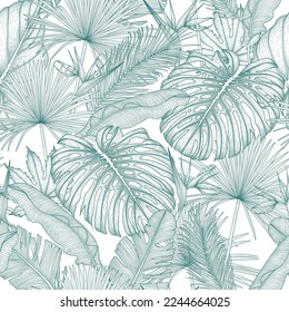 Seamless vector pattern with graphic linear exotic plants. Monstera, palm and banana leaves, aralia, elephant ear leaf, strelitzia engraving style