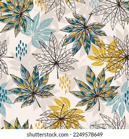 Seamless vector pattern with graphic linear exotic plants. Aralia leaves