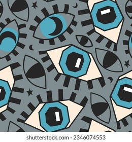 Seamless vector pattern with graphic magic blue eyes. Beautiful flat illustration for Halloween.