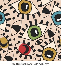 Seamless vector pattern with graphic magic eyes. Beautiful flat illustration.