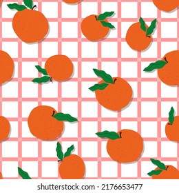 seamless vector pattern with graphic stylised oranges on a pink and white gingham background