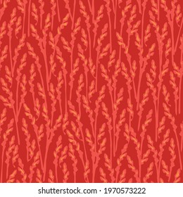Seamless vector pattern with grass pattern on red background. Artistic rye meadow wallpaper design. Decorative fire fashion textile.