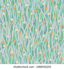 A seamless vector pattern with grass and small flowers. Surface print design.