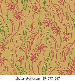 Seamless vector pattern with grass texture on light yellow background. Simple nature wallpaper design. Wildflower fashion textile.