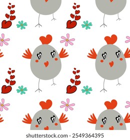 Seamless vector pattern with gray bird, red hearts and green flowers cartoon doodle style on transparent background